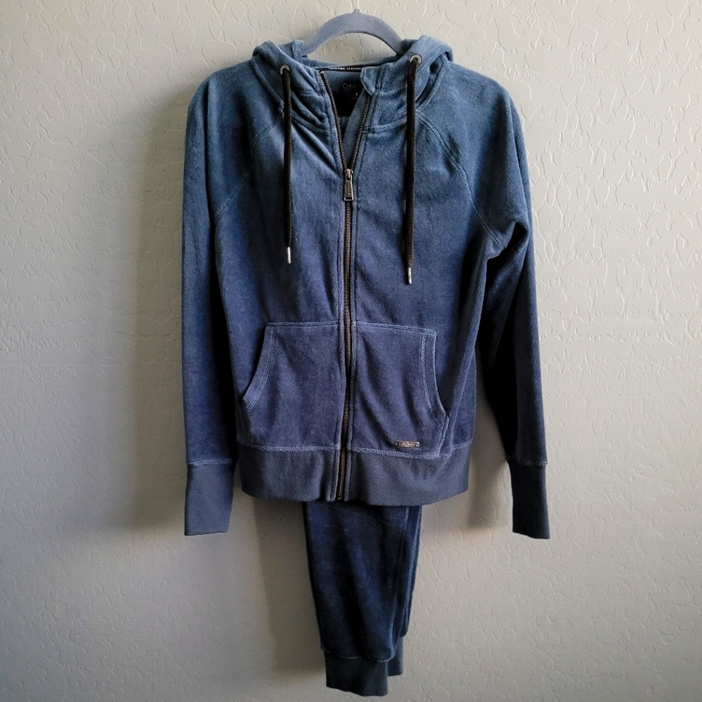 Calvin Klein Teal Blue Velour Zip Up Hooded Sweatshirt Joggers Set Sz Small